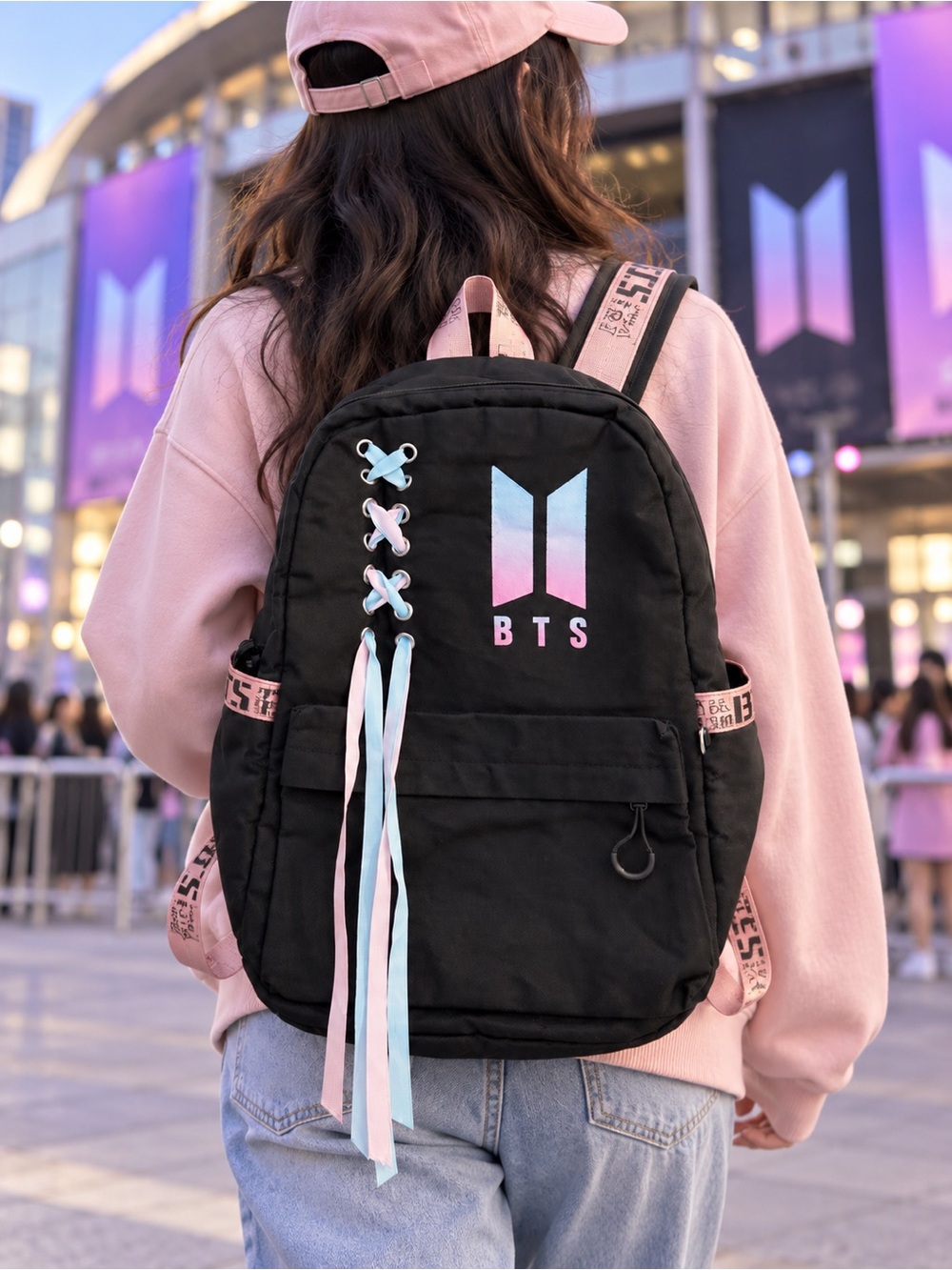 A53. Gradient Logo Black Backpack with Pink & Blue Accents
